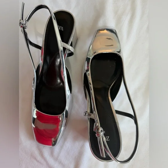 Zara Metallic Silver Slingback shoes heels size 8 Eur 39 - Picture 9 of 11